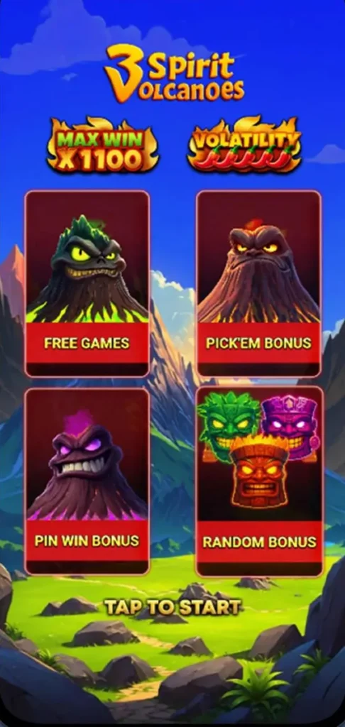 Selección de bonos en 3 Spirit Volcanoes: Free Games, Pick'em, Pin Win y Random Bonus